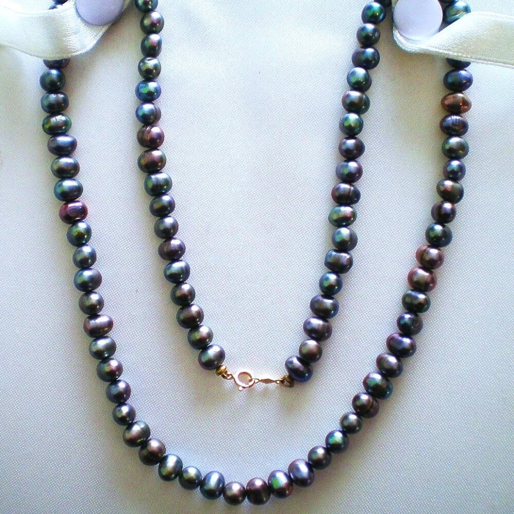 Designer Peacock Platinum Black Freshwater Pearl Beaded NECKLACE 14K gold Clasp